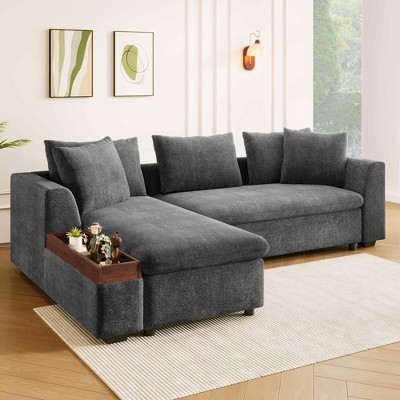 Merax L-Shaped Modern Chenille Fabric Sectional Sofa with Wooden Storage Compartment and Throw Pillows