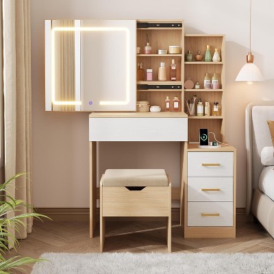 Vanity Desk with Sliding Mirror & Lights, 4 Drawers, 7 Shelves, Charging Station, Stool Included, 3 Lighting Modes, Modern Makeup Vanity, Natural Oak