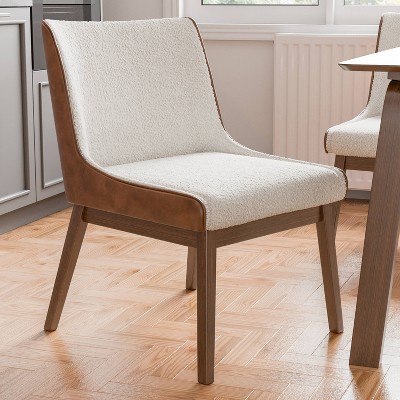 HOMES: Inside + Out Set of 2 Forest Wisp Mid-Century Boucle Dining Chairs with Leatherette Accents Walnut