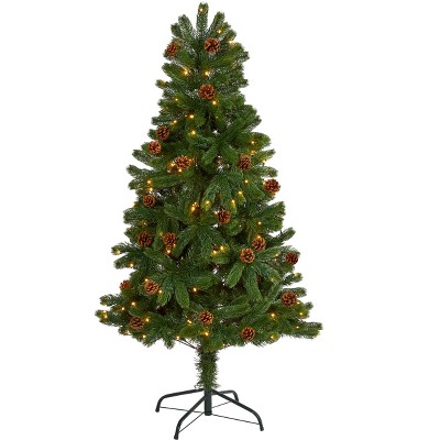 Nearly Natural 5-ft Rocky Mountain Spruce Artificial Christmas Tree with Pinecones and 100 Clear LED Lights