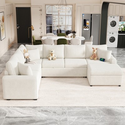 112"W Sectional Sleeper Sofa Couch Set, Pull-out Sofa Bed with a Storage Ottoman, Three Pillows and Charging Devices 4S -ModernLuxe