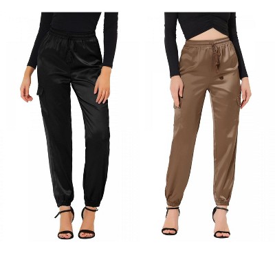 Allegra K Women's Drawstring Elastic High Waist Cargo Pocket Silky Satin Pants 2 Packs