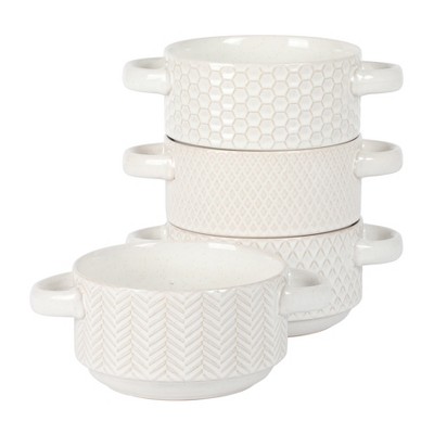 Gibson Elite Oyster Tide Embossed 6 Inch Soup Bowls with Handles. Reactive Glaze Stackable Ceramic Bowl, Set of 4, White