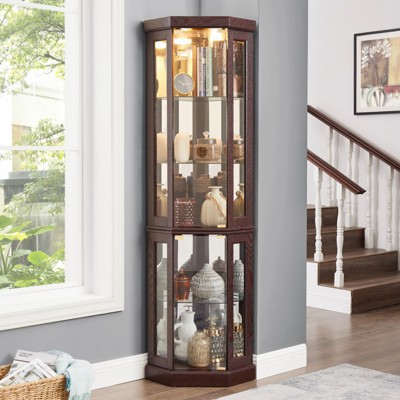 FONTOI Corner Curio Cabinet with Side-Hung Glass Doors&Shelves, Perfect for Collections, Cherry, 15.31"*69.84"*15.31"