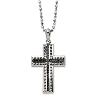 Black Bow Jewelry Men's Stainless Steel Black CZ Polished Beaded Cross Necklace, 22 Inch