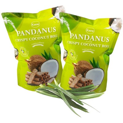 Kaew Thai Pandanus Crispy Coconut Roll Pandan Flavor 100 g. (Pack of 2)
