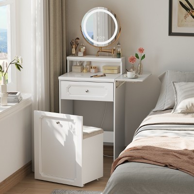 Small Vanity Desk Set With Adjustable Mirror And Lights, Integrated Makeup Table, Mini Dressing Table With Drawer And Storage Chair For Bedroom