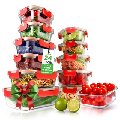 NutriChef Superior Glass Food Storage Containers - 24-Piece Red