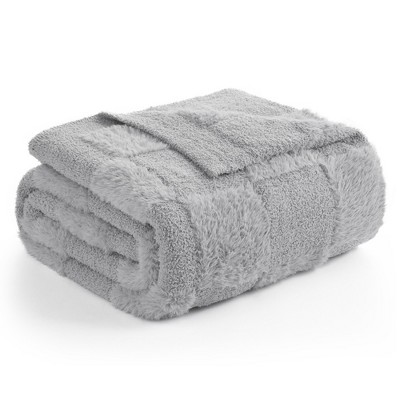 Snuggle Sac Faux Fur Checkered Throw Blanket, Fluffy Feather Yarn Blend Bedding Blankets for Couch or Bed