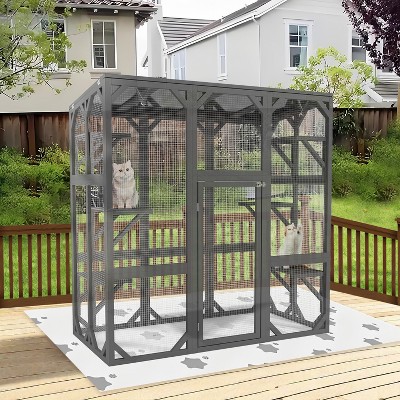 Outdoor Wooden Catio Cat Enclosure – 60" Large Feral Cat House with Platforms, Grey