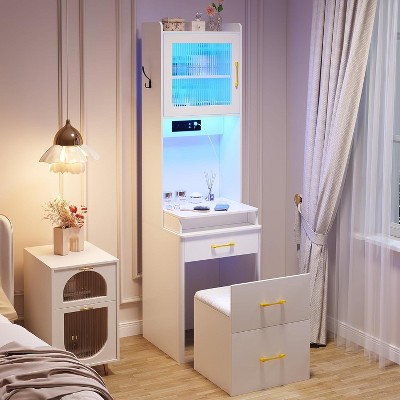 Vlsrka LED Makeup Vanity with USB, Type-C, and Outlet Charging Station, White