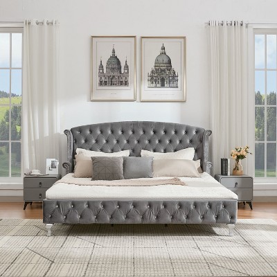 Christopher Knight Home Cresht Classic Velvet Upholstered Diamond Button-Tufted Bed with Wingback Headboard