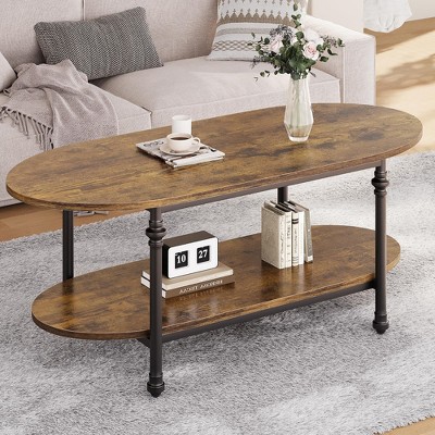 Oval Coffee Brown Table - Unique Tea Table 47.2" Cocktail Table, Low Storage, 2 Tier Vintage Center Table, Rustic Mid Century Living Room Office.