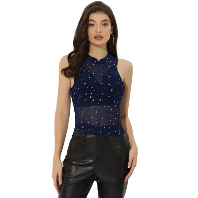 Allegra K Women's Metallic Star Mesh Mock Neck See-Through Tank Top
