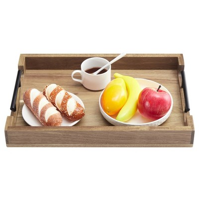 Acacia Wood Serving Tray with Metal Handles, 17 Inches Wooden Coffee Table Tray