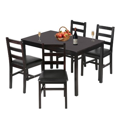 FDW 3/5-Piece Dining Table Set with Solid Pine Wood Construction and Faux Leather Chairs, Dark Brown