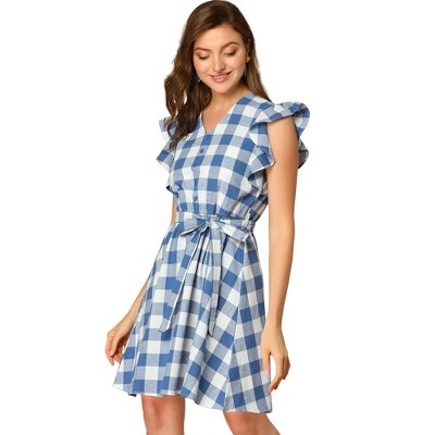 Allegra K Women's Casual Ruffled Sleeve A-Line Vintage Gingham Check Dress