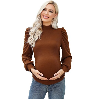 Coolmee Women's Maternity Shirt Long Puff Sleeve Top Mock Neck Ribbed Knit Ruched Side Blouse