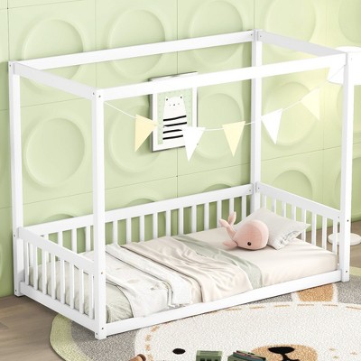 Dolonm Twin Size Wooden Canopy Floor Bed with Fence Guardrails for Kids