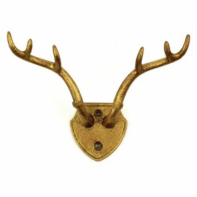 Slickblue Decorative Cast Iron Antler Hook, Stag Design, Gold Leaf Finish, Wall Hanger, 6.75"x5"x3"