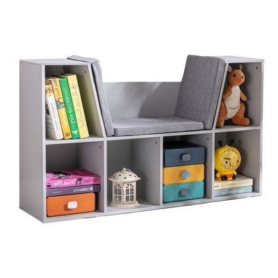 HOMCOM 6-Cubby Kids Bookcase, Reading Nook Organizer with Seat Cushion, Toddler Storage Cabinet Shelf for Playroom Bedroom, 40.5" x 12" x 23.5"