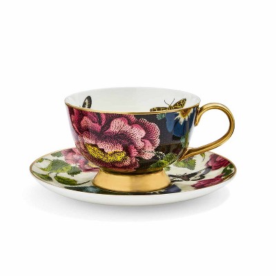 Spode Creatures of Curiosity Coupe Teacup & Saucer Set, Floral Print - 6.7oz Porcelain Teacup with Hand-Painted 22ct Gold Rim & Handle