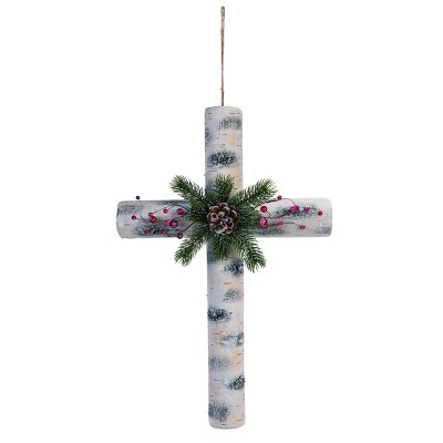Transpac 23 in White Christmas Birch Cross with Pinecone Decorative Foam Object for Holiday Decor