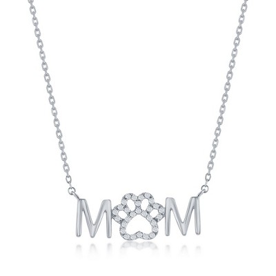 Bella Silver Sterling Silver 'MOM' Paw Print CZ Necklace - Silver - 16+2 Inch
