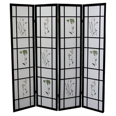 4 Panel Room Divider Border Cherry - Ore International: No Assembly, 70" x 60" Black Botanical Print