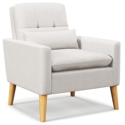 Tangkula Accent Chair Upholstered Tufted Armchair with Lumbar Pillow Natural Rubber Wood Legs  Comfy Padded Cushion Linen Fabric Sofa Chair Beige