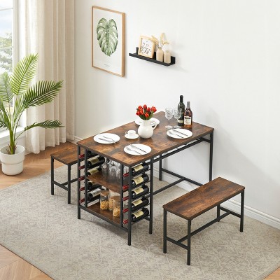 Dining Table Set for 4, Kitchen Table Set for 4 with 2 Benches, Rectangular Dining Room Table Set with Wine Rack & Storage Shelves