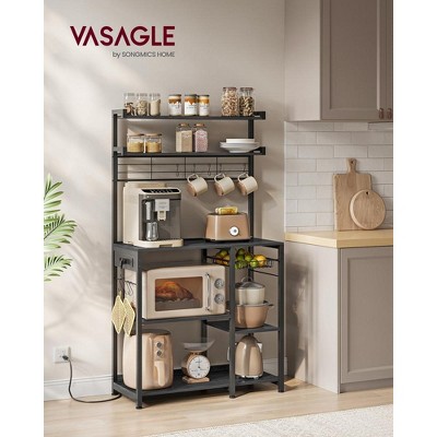 VASAGLE Bakers Rack with Power Outlet, 35.4 Inches Microwave Stand, Coffee Bar, 4 AC Outlets, with Adjustable Shelves, 8 S-Hooks, Basket, Spice Racks