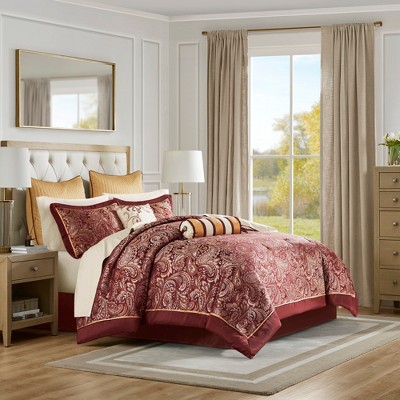 12 Piece Comforter Set with Cotton Bed Sheets Red Cal King