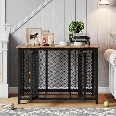 xtra Large Dog Crate Furniture - 47" Wood & Steel Pet Cage w/Flip Top & 2 Doors for Large Dogs Up to 100kg, Black