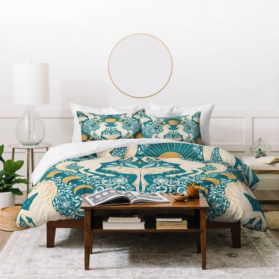 Deny Designs Queen Avenie Unicorn Damask Duvet Cover and Pillow Shams Turquoise Gold: Abstract Non-Woven Comforter Set