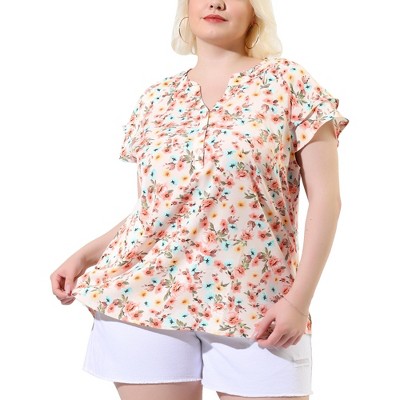 Agnes Orinda Women's Plus Size Floral Ruffle Trim V Neck Button Layered Sleeve Blouses