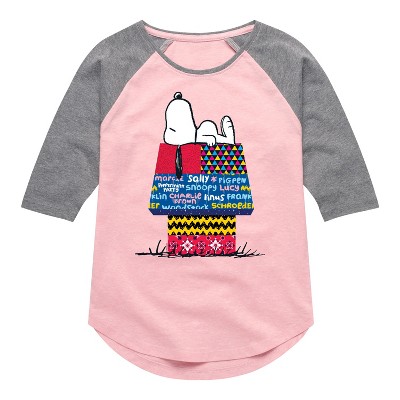 Girls' - Peanuts - Snoopy Patchwork Doghouse Shirt Tail Raglan Graphic T-shirt