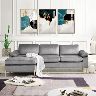 TiramisuBest Grey Velvet L-Shaped Sofa, Mid-Century Glam Corner Couch with Removable Cushions & Brass Legs