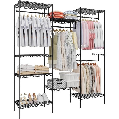 Space-Saving Closet Organizer with 4 Hanging Rods & 8 Shelves, Adjustable Heavy Duty Clothes Rack, Laundry Room, Freestanding Wardrobe Storage System