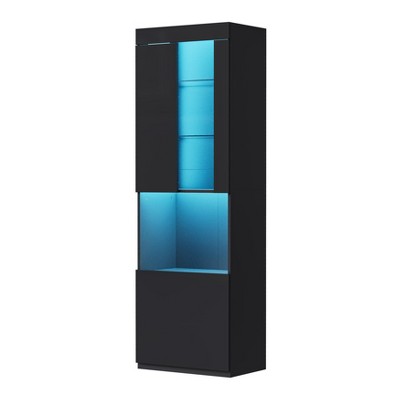 CLIHOME High Gloss Storage Cabinet with LED Lights, 67" Tall Pantry Cabinet, Modern Bookcase & Display Cabinet, Black