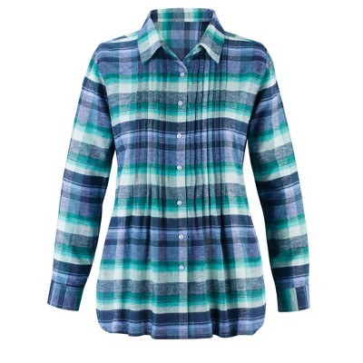 Collections Etc Pintuck & Plaid Flannel Button Front Long Sleeve Shirt