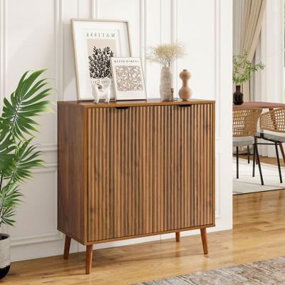 31.7 Inches Wide 2 Doors Fluted Sideboard Buffet Cabinet with Adjustable Compartments, Solid Wood Feet for Kitchen and Hallway