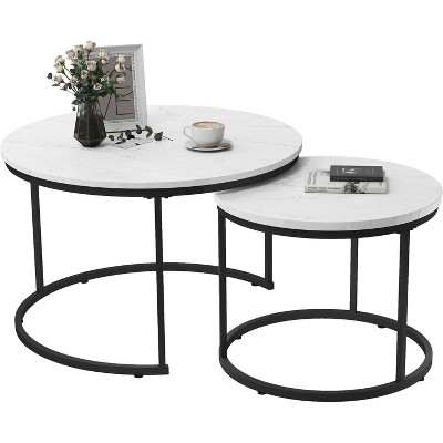 Zevemomo Nesting Coffee Table Set of 2, 27.6"with Marble Pattern Top and Sturdy Metal Frame,Circle Table for Living Room, Bedroom,Patio,Yard (White)