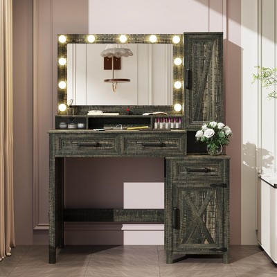 Sevobal Vanity Tables with Square Mirror, Farmhouse Vanity with 2 Drawers, Side Cabinet & Open Storage Space, Multicolored