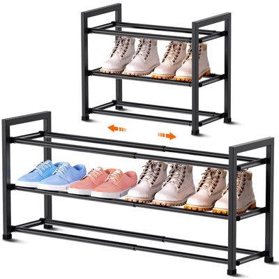 Aoibox 3-Tier Expandable Shoe Rack for Closet, 18-33 Inches Adjustable Shoe Organizer for Small Space, Sturdy Metal, Black