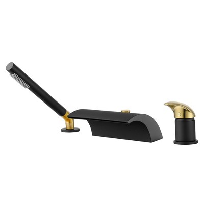 SUMERAIN Roman Bathtub Faucet 3 Hole Deck Mount High Flow Waterfall Tub Filler Black and Gold Finish