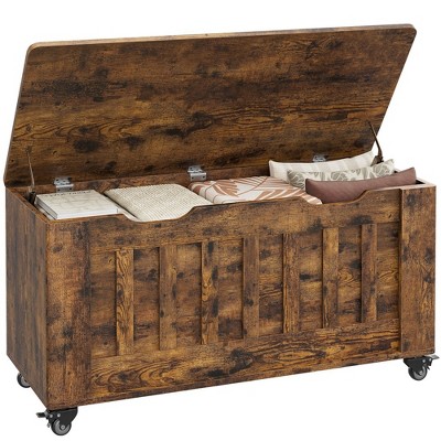 Storage Chest, Storage Trunk with 4 Wheels, 39.4" Wooden Storage Bench with 2 Safety Hinges, Supports 350 lbs, for Living Room, Rustic Brown