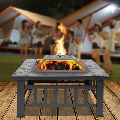 KTMBDW Multifunctional Fire Pit Table 32 inch Square Metal Firepit Stove Backyard Patio Garden Fireplace for Camping, Outdoor Heating, Bonfire, Black