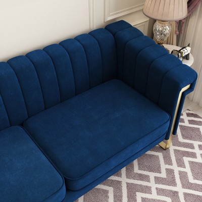 TiramisuBest Modern Cream Velvet Sofa with Gold Accents - Sleek Channel-Tufted Upholstery, 3-Seat Couch for Living Room and Office Decor