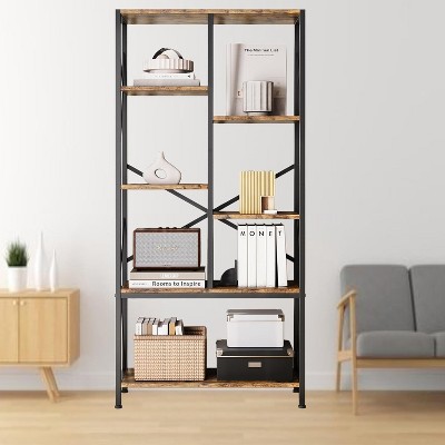 Acekool 5-Tier Industrial Bookcase, 69.5" Rustic Display Shelf with 7 Open Shelves for Living Room, Bedroom, Home Office